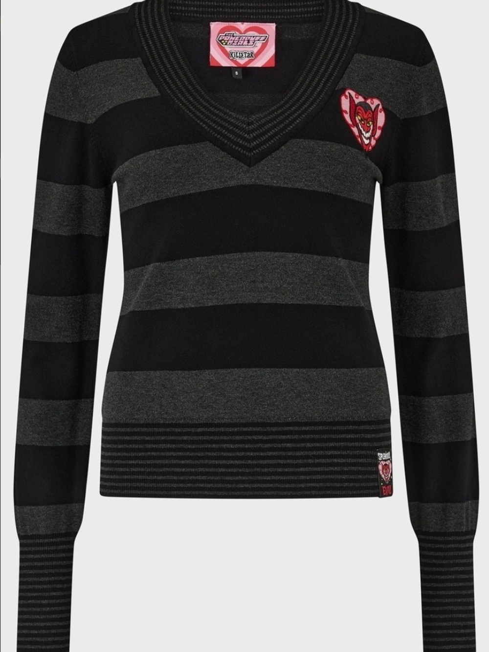 KILLSTAR Black & Gray Striped V-Neck Sweater with Pink Heart Patch